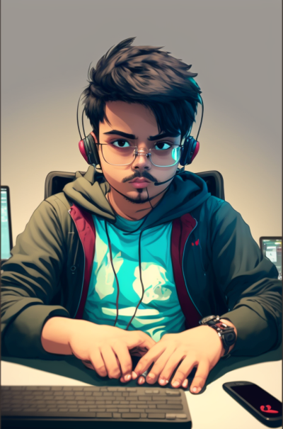 animated headshot of rishu patel sitting infront of a computer wearing headphones